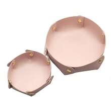 2 件圆形 PU 皮革收纳盒，简约风格桌面入口珠宝化妆品收纳托盘