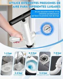 Kit de 8 Herramientas Destapacaños de inodoro, Acero Inoxidable Premium, Incluye Medidor de Presión y 4 Ventosas, Bomba Todo en, Alta Presión para Inodoro, Lavabo, Bañera y Tuberías (Blanco) - Blanco - Ver 10