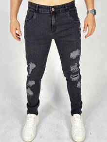 Men's Lycra Ripped Jeans Premium Skinny Elastane - 黑色 - 查看 2
