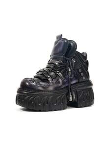 哥特式赛博朋克风格厚底系带高帮运动鞋，复古厚底运动鞋，男女通用时尚 - 黑紫 - 查看 6