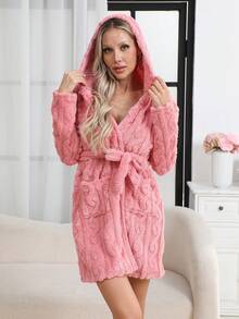 Halat de pluș din flanel pentru femei, stil jacquard roz, culoare solidă, stil casual confortabil pentru casă, toamnă/iarnă