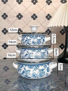 1 Set Enamel Bowls/Buckets/Pots, Food Storage Containers With Lids, Available Sizes: 10/12/14/16/18cm. 1 Set Covered Soup Pots With Gold Rim, Sizes: 16/18/20cm. Suitable For Storing Fruits And Vegetables, Round Flip-Top Lids , Elegant Design, Great Gift For Kitchen, Living Room, Patio And Dining Table.