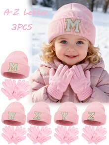 3pcs Knitted Hat And Gloves Set, Embroidered With Personalized A-Z Letters, Infant Knit Beanie, Toddler Kids Knit Hat With Pom Pom, Suitable For Baby Boys And Girls - Pink - View 1