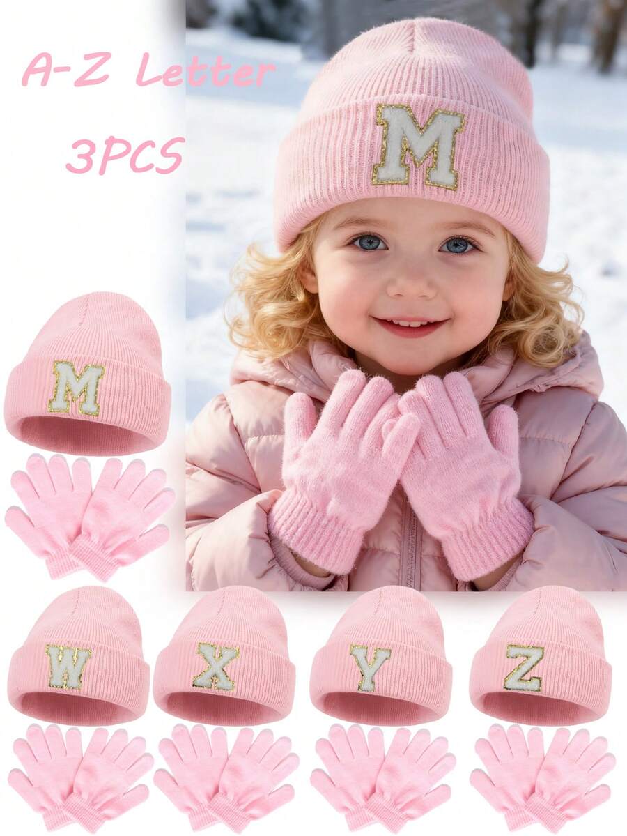 3pcs Knitted Hat And Gloves Set, Embroidered With Personalized A-Z Letters, Infant Knit Beanie, Toddler Kids Knit Hat With Pom Pom, Suitable For Baby Boys And Girls - Pink - View 1