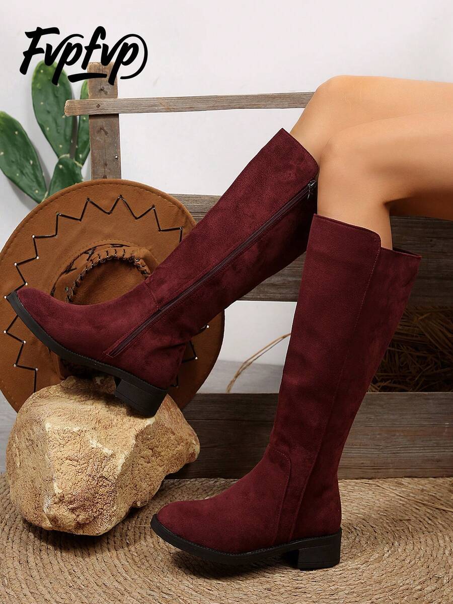 FVPFVP 2024秋冬新款百搭过膝长靴，女士粗跟弹力修身平底骑马靴，派对靴