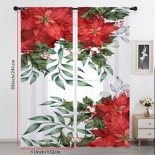 2 perdele transparente de Crăciun cu modele de plante cu ilex și poinsettia, buzunare pentru bară pentru a proteja intimitatea, potrivite pentru diverse scene de decor în camere de zi, dormitoare și bucătării, creând o atmosferă de Crăciun și cadouri perfecte de sărbători.