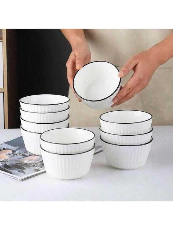 4pcs Japanese Vertical Stripe Ceramic Bowls, High-Quality Ceramic Rice Bowls, Household Rice Bowls, Salad Bowls, Dessert Bowls, Creative Round Deep Plate Fruit & Dessert Plates, Suitable For Home, Dorm, Kitchen, Dining Room, Tableware Accessories, Kitchen Supplies