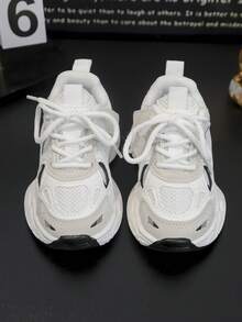 1 双儿童休闲运动厚底运动鞋，网眼透气百搭休闲运动鞋，轻便，校园风格 - 白色 - 查看 4