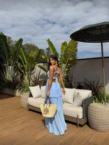 Long Chiffon Party Dress With Ruffles And Pads For Wedding, Graduation, Birthday Summer - Blue - View 2
