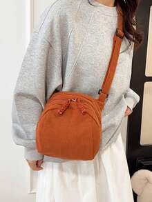 Tas Bahu/Tas Selempang Mini Corduroy Multi-Saku Portabel dengan Resleting, Modis, Kasual, Serbaguna, Cocok untuk Penggunaan Sehari-hari Wanita - Jeruk - View 4
