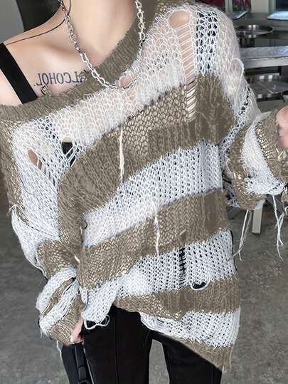 Ropa de mujer de otoño, moda casual Y2K, suéter holgado de manga larga con cuello redondo a rayas para damas, suéteres de invierno, Halloween, ropa gótica para mujeres, suéter descubierto de los hombros, punk, tops para salir y homecoming