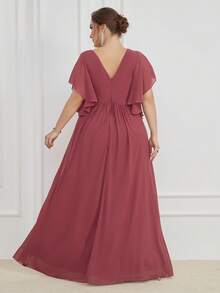 UNITHORSE 大码伴娘礼服，腰部亮片，下摆荷叶边，侧开衩，雪纺 - 紅木色 - 查看 3