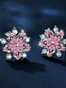 2pcs Elegant Women's Earrings, Flower Design With Sparkling Zirconia, Romantic Holiday Gift