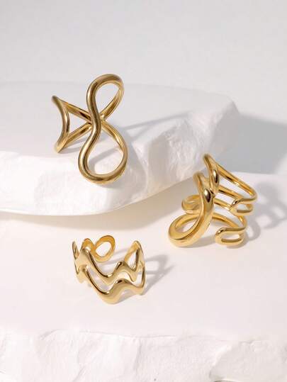 3 件套简约时尚镀不锈钢几何线条开口戒指，可调节佩戴，适合女性日常和派对佩戴