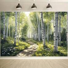 1 件聚酯纤维墙饰，带有桦树林壁画，具有阳光和茂盛绿叶的树冠，非常适合家居装饰、派对和活动、派对背景 - 桦树壁画