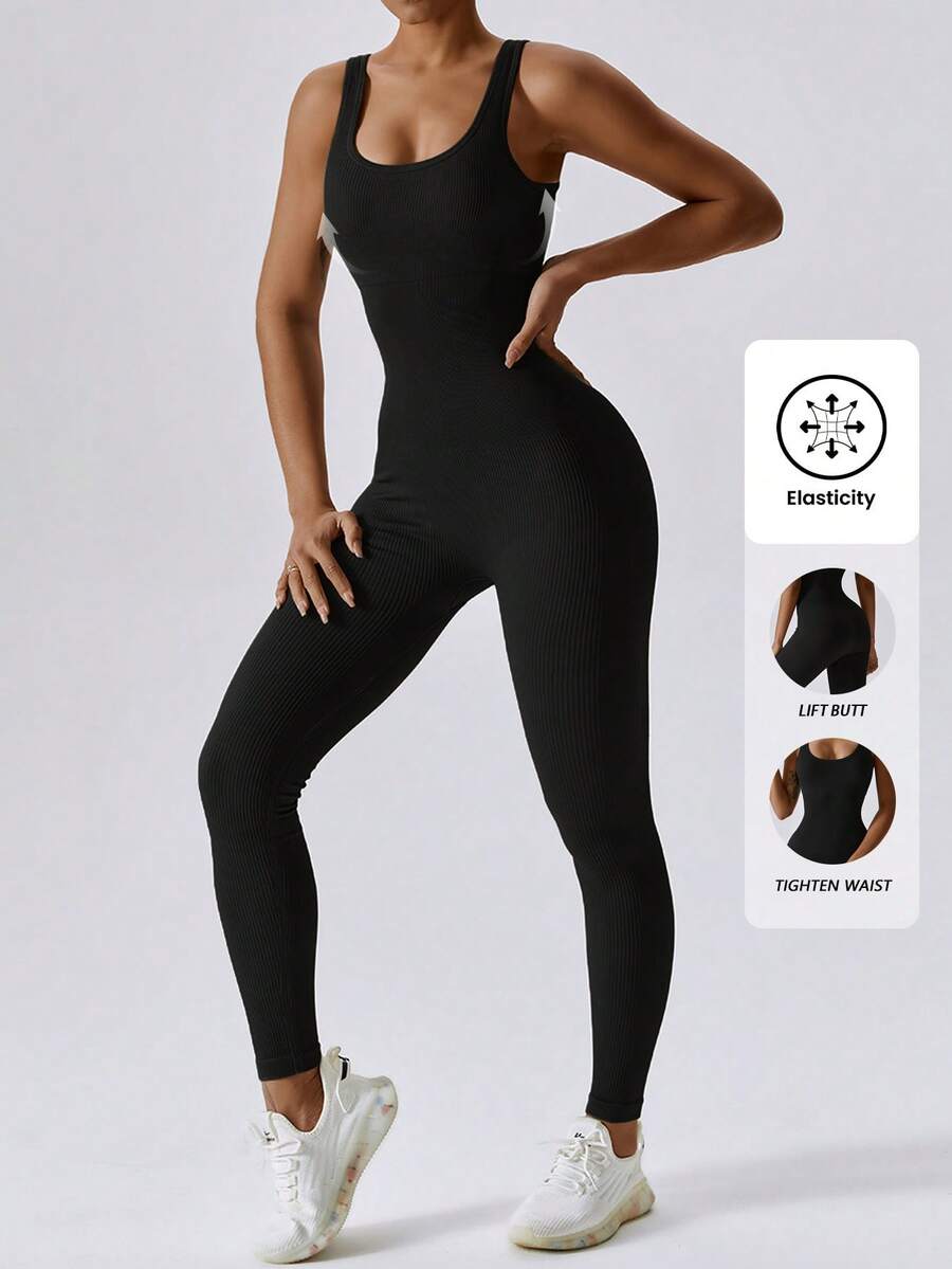 Yefecy Women Workout Seamless Jumpsuit Yoga Ribbed Bodycon One Piece Square Neck Leggings Romper - màu đen - Xem 1
