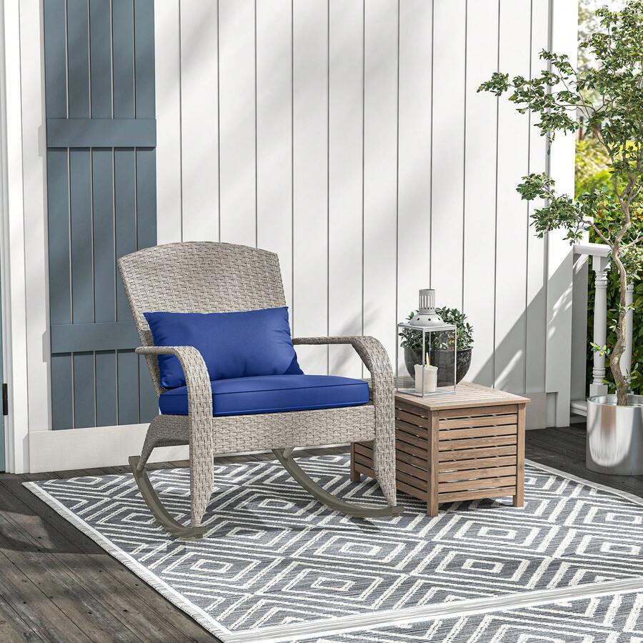 Outsunny Outdoor Wicker Adirondack Rocking Chair, Patio Rattan Rocker Chair With High Back, Seat Cushion And Pillow For Garden, Porch, Balcony, Dark Blue - 藍色 - 查看 1
