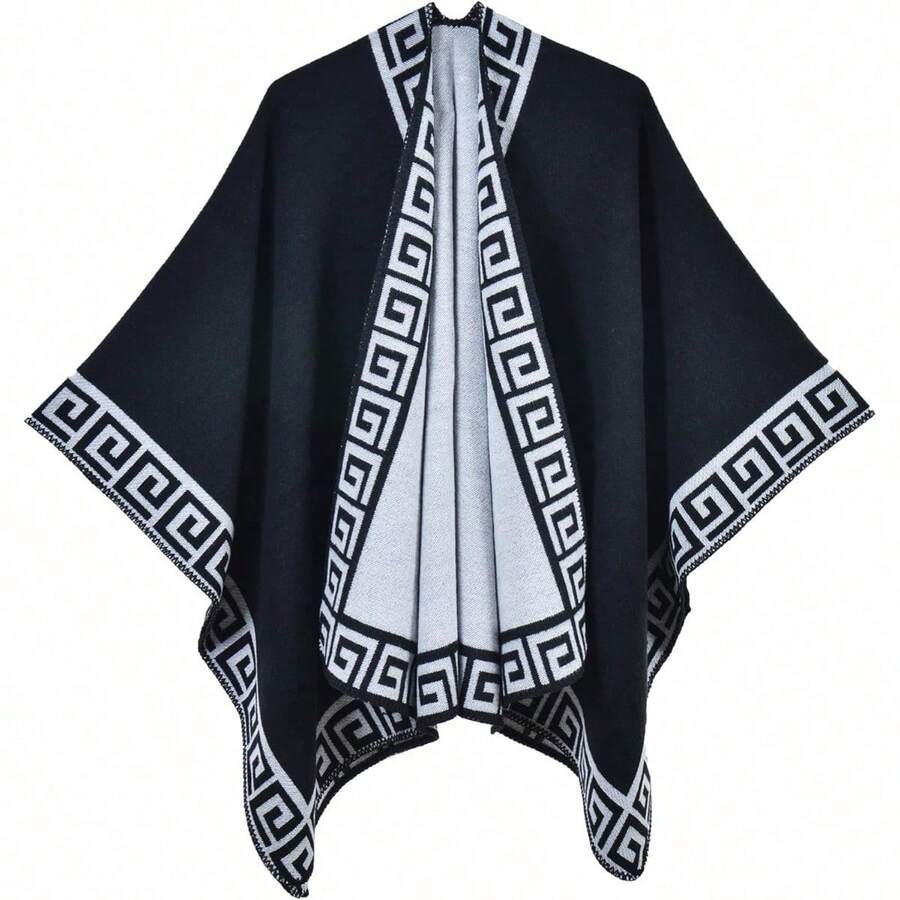 Women's Warm Shawl Wrap Cape Winter Cardigan Sweaters Open Front Poncho - M61-g Viền đen - Xem 1