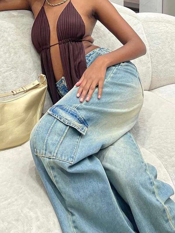 Jeans rectos de pierna ancha de algodón lavado vintage de unicolor, adecuados para el uso diario y el ocio en todas las estaciones