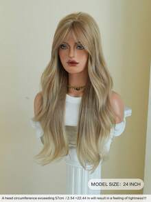 AKAKO 24 Inch Flax Blonde Long Wavy Wig With Curtain Bangs, High Quality Heat-Resistant Fiber Synthetic Wave Curly Hair Wig, Gorgeous Goth Style Costume Wigs For Women Halloween Party Masquerade Ball,Music Festivals & Carnival Use - 亞麻金 - 查看 4