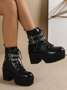 European And American Style Women's Thick Heel Platform Short Boots, Waterproof Mid-Calf Boots, Autumn/Winter New Lace-Up Boots, White Fashionable Boots, Black High Heel Boots, Western Style Boots