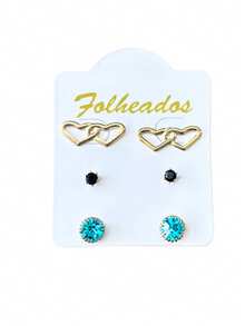 Kit 3 Pairs Of Small Gold Plated Earrings For First, Second And Third Holes, Various Models, Rhinestone Stones - 型號09 - 查看 1