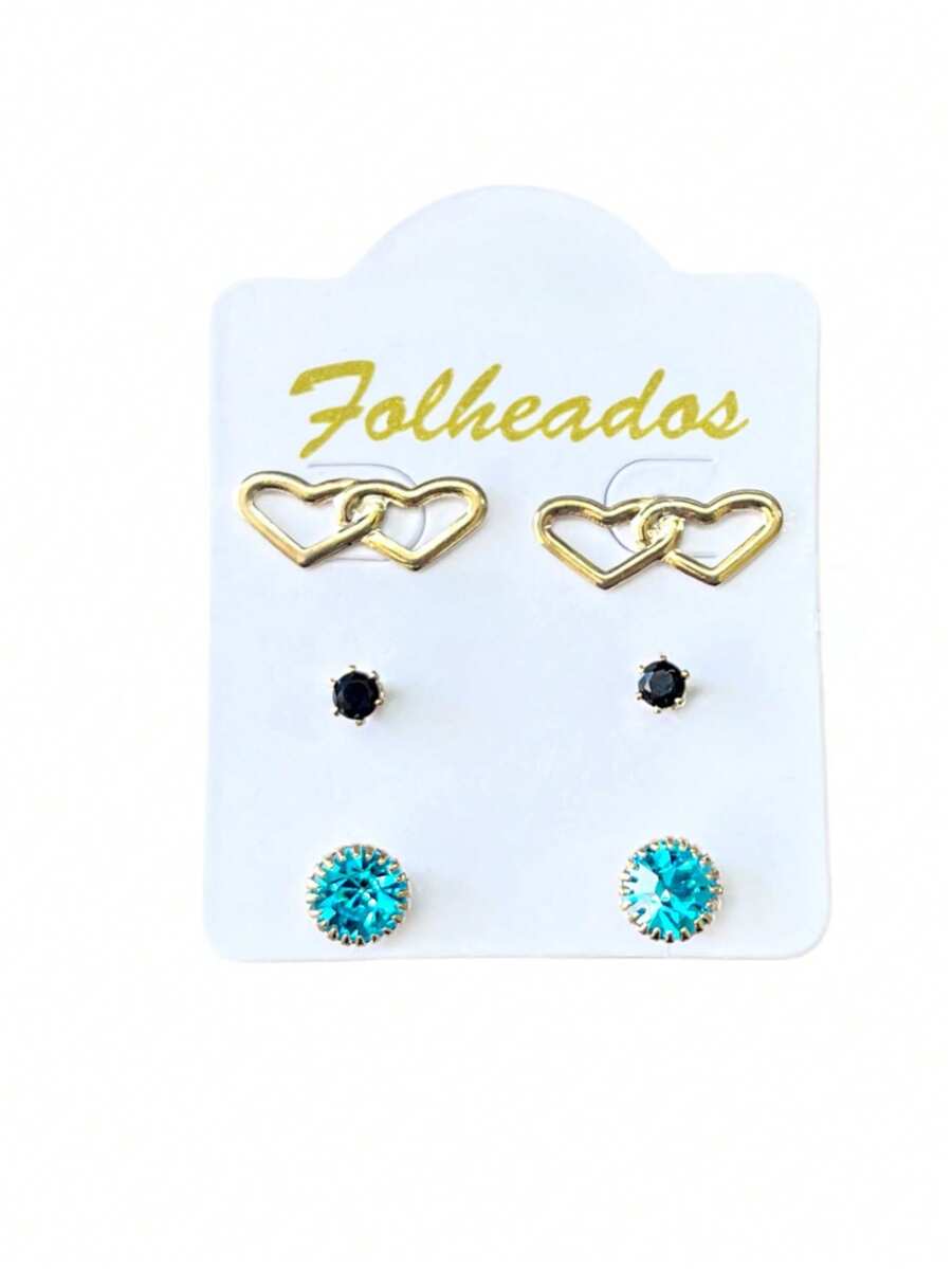 Kit 3 Pairs Of Small Gold Plated Earrings For First, Second And Third Holes, Various Models, Rhinestone Stones - 型號09 - 查看 1
