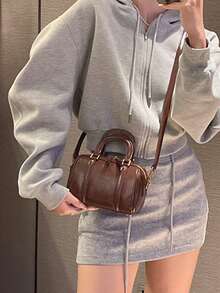 复古软皮枕头包，百搭时尚通勤手提包，适合日常使用，棕色圆柱形单肩包 - 棕色 - 查看 4