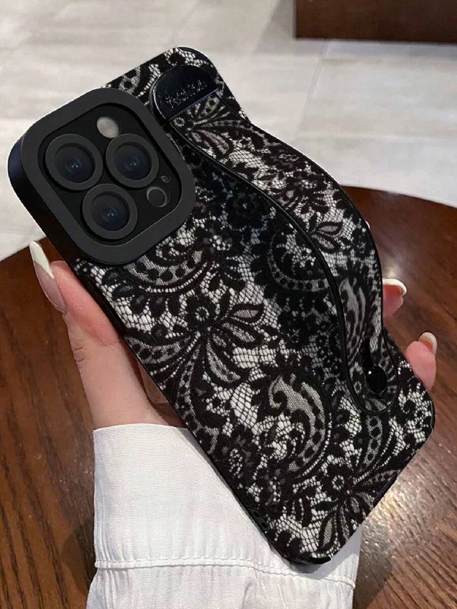 1pc Wrist Strap Lace Floral Painted Perforated Pattern Shockproof Painted Phone Case Compatible With IPhone Xs/Xsmax/Xr/11/12/13/14/14plus/15/15plus/16Pro/16Promax/17Promax, S25Ultra/S24Ultra/S23Ultra - Multicolor - View 1