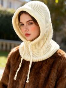 1pc Women's Drawstring Balaclava Solid Color Knit Hat, Neck Warmer Wool Detachable Hoodie, Casual Streetwear - Dharma Hat - View 4