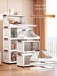 1 件塑料折叠储物柜，双门家用客厅玩具整理箱，带轮子的卧室储物柜，衣柜壁橱储物箱，厨房手推车储物架 - 透明 - 查看 3