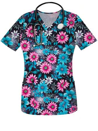 Women's Floral Flower Print Spring & Summer Fall V-Neck Scrub Short Sleeve Nurse Uniform Tops With Pockets For Women