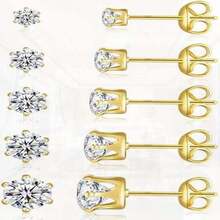 5-10 Pairs Sterling Silver Stud Earrings For Multiple Piercings & Cartilage, 3-7mm Cubic Zirconia, Hypoallergenic 18K Gold Plated With Diamond & Round Ball For Women Men