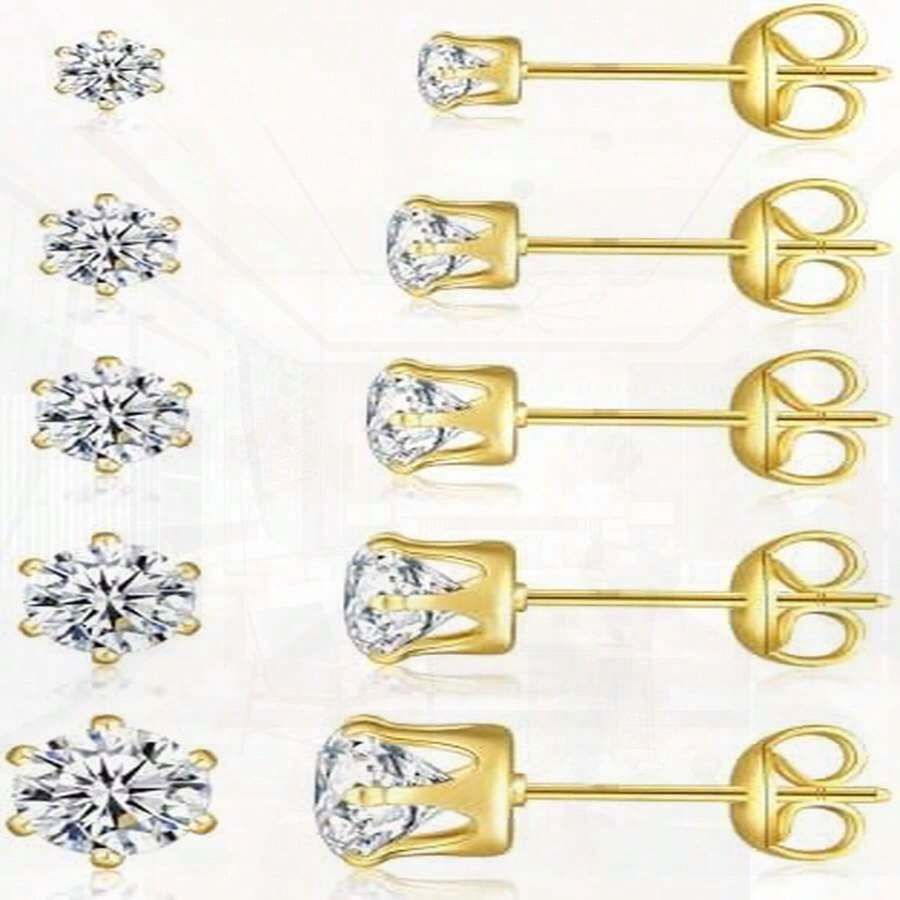 5-10 Pairs Sterling Silver Stud Earrings For Multiple Piercings & Cartilage, 3-7mm Cubic Zirconia, Hypoallergenic 18K Gold Plated With Diamond & Round Ball For Women Men
