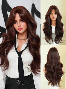 AKAKO 24 Inch Wine Red Long Wavy Wig With Curtain Bangs, High Quality Heat-Resistant Fiber Synthetic Wave Curly Hair Wig, Gorgeous Goth Style Costume Burgundy Wigs For Women Halloween Party Masquerade Ball,Music Festivals & Carnival Use - 酒紅色 - 查看 2