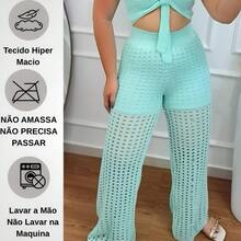 Calça Pantalona De Praia Com Short Feminina Cintura Alta Tricot  Verão Outono Primavera Moda Piscina Festas - Verde Água - Visão 6