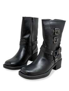 Women Buckle Strap Combat Boots Mid Calf Chunky Heel Motorcycle Boots For Women Casual Vintage Style Non-Slip Riding Boots Faux Leather Winter Shoes Durable Side Zipper Lace Up Rugged Outdoor Footwear Comfortable Everyday Boots - 黑色 - 查看 1