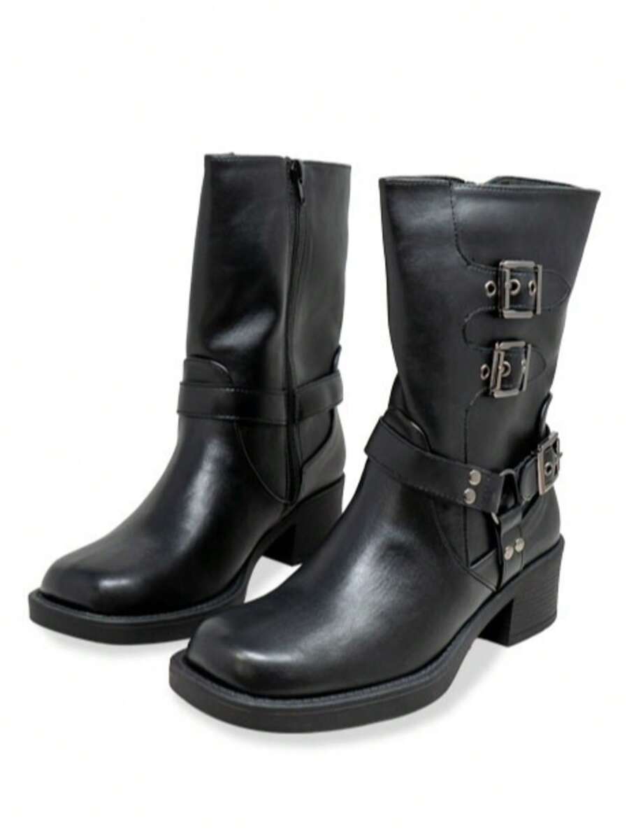 Women Buckle Strap Combat Boots Mid Calf Chunky Heel Motorcycle Boots For Women Casual Vintage Style Non-Slip Riding Boots Faux Leather Winter Shoes Durable Side Zipper Lace Up Rugged Outdoor Footwear Comfortable Everyday Boots - 黑色 - 查看 1