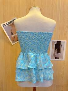 Cropped Top With Strapless Ruffled Print - أزرق فاتح اللون - مشاهدة 2