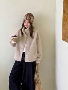 女士纯色仿毛皮高领外套，时尚休闲奢华秋冬女士大衣