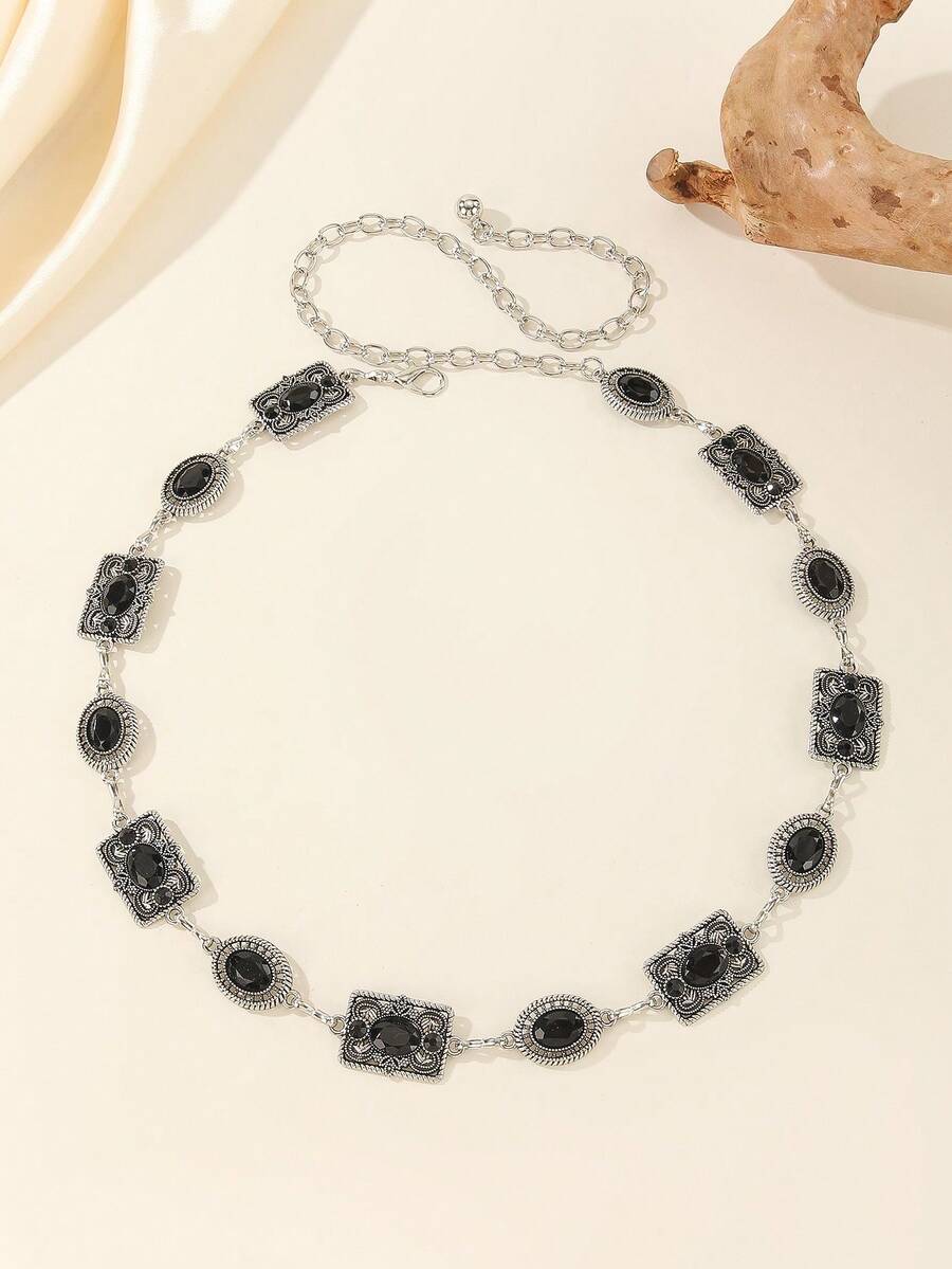 Thắt lưng khắc họa tiết, phù hợp với váy, phong cách Hàn Quốc trang trí ngọt ngào, dây thắt lưng mỏng, dây kim loại, áo len, phụ kiện váy, phong cách đường phố gợi cảm, xuân/hè/thu/đông - màu đen - Xem 1