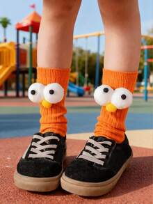 1 Pair Green Eye Design Knee High Socks - Orange - View 1