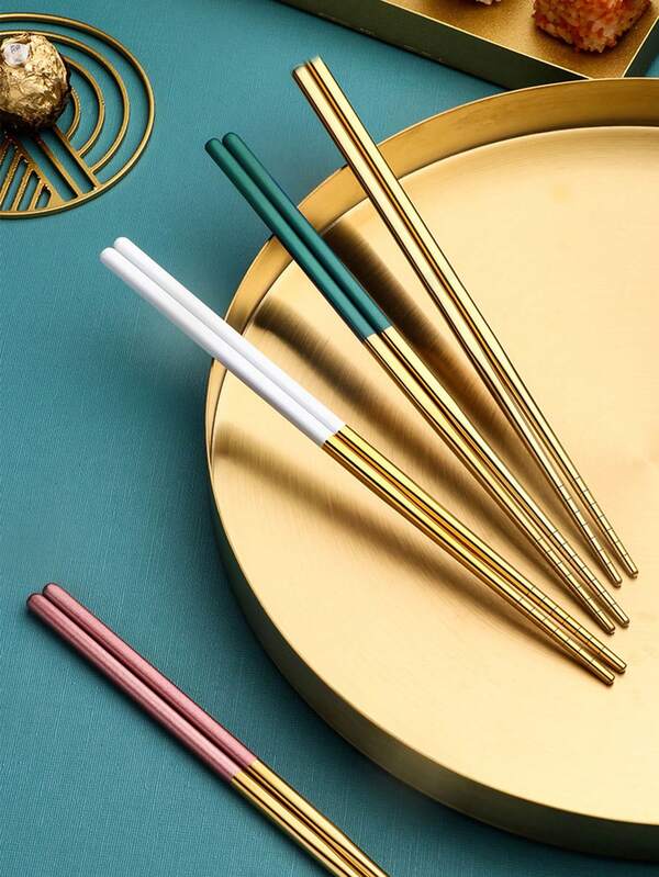 3/5 أزواج من عيدان الأكل من الفولاذ المقاوم للصدأ، بطول 23 سم باللون الذهبي، أدوات مائدة مجوفة لا تنزلق مناسبة للاستخدام المنزلي