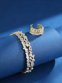 rakol Set de 2 piezas de anillo y pulsera con decoración asimétrica de circonita cúbica de moda - Dorado - Ver 4