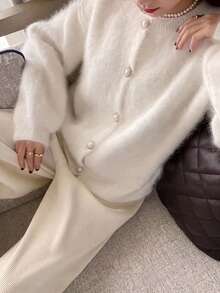 Plus Size Women Loose Elegant Open Front Cardigan Sweater, Autumn/Winter - White - View 2