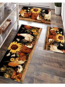 1 szt. Urocza mata kuchenna w stylu wiejskim – wzór kurczaka i słonecznika, zmywalny dywanik wejściowy, odpowiedni do kuchni, jadalni, wystroju wnętrz, wnętrz, dekoracji wiosennych – miękki, antypoślizgowy, łatwy do czyszczenia, trwały, wielofunkcyjny dywanik do miejsc o dużym natężeniu ruchu