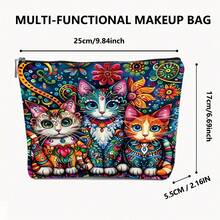 1 Bohemian Style Cat Pattern Cosmetic Bag - Bright Floral And Cat Design, Secure Zipper Closure, Lightweight Travel Cosmetic Bag, Multifunctional Toiletries And Accessories Storage Bag - Multicolor - View 2