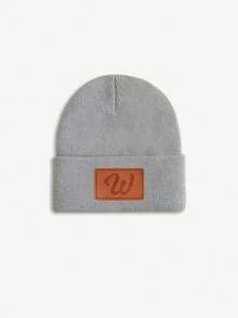 1pc Baby Leather Patch Vintage Letter Decor Grey Beanie, Choose From 26 Letters, Soft & Comfortable Unisex Infant Autumn/Winter Warm Hat, Suitable For Holidays, Birthdays, Daily Wear - Grey - View 31