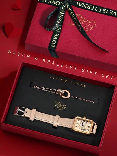  LUCKYFOX Women's Quartz Watch Gift Set With Bracelet, Minimalist Casual Vintage Zinc Alloy Square Leather Band Quartz Watch & Bracelet Gift Box Set, Includes Greeting Card, Suitable For Halloween, Christmas Gifts