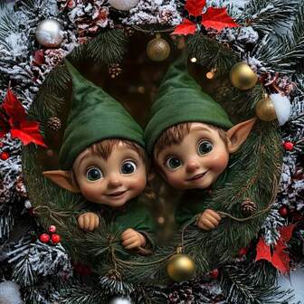 1 pieza Decoración de pared de metal en 2D de un duende navideño rústico, de 8x8 pulgadas, letrero de corona de metal resistente a la intemperie, impresión de alta definición, estilo vintage, adecuado para el hogar, cafetería, restaurante, decoración de otoño y Halloween, regalo festivo multiusos